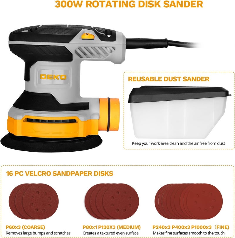 DEKOPRO Orbital Sander Corded Hand Sander: 5" Random Orbital Sander with Dust Box, 6 Various Speeds Electric Palm Sander with Dust Box, 16Pcs Sandpapers for Woodworking & Sanding-Yellow - Image 3